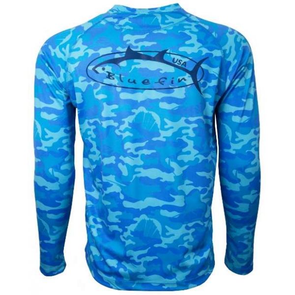 Bluefin USA Camo Logo Performance Long Sleeve Tee - Blue - Size Small