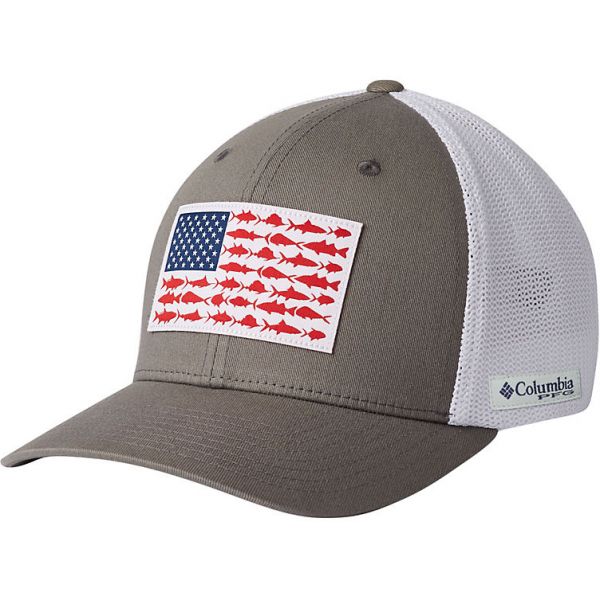 Columbia PFG FlexFit Mesh Fish Flag Ball Cap - Titanium/White