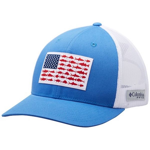 Columbia PFG Mesh Snap Back Fish Flag Ball Cap - Vivid Blue/White