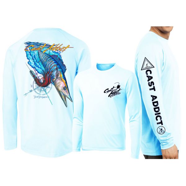 David Dunleavy DMW8053 Cast Addict Wahoo LS Performance Shirt - Arctic Blue - 2XL