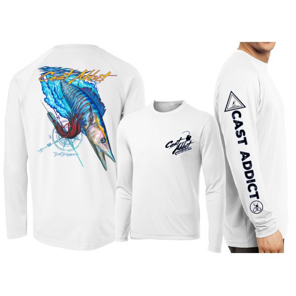 David Dunleavy DMW8053 Cast Addict Wahoo LS Performance Shirt - White - 2XL