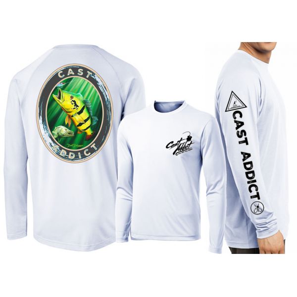 David Dunleavy DMW8054 Cast Addict Peacock Bass/Snook LS Performance Shirt - Pearl Grey - 2XL