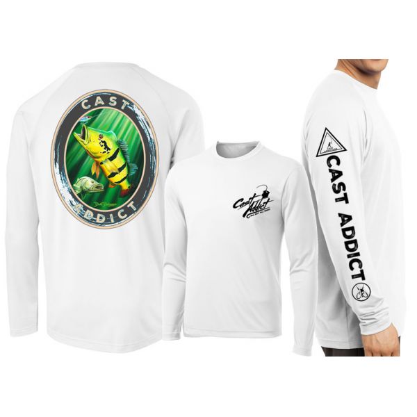 David Dunleavy DMW8054 Cast Addict Peacock Bass/Snook LS Performance Shirt - White - 2XL