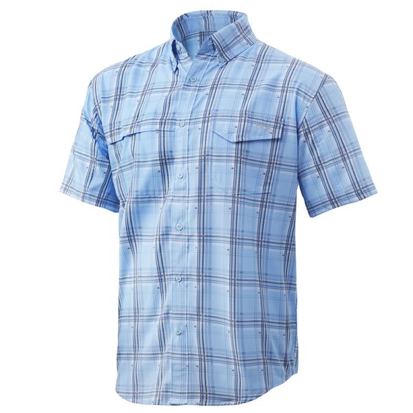 Huk Tide Point Fish Plaid Short Sleeve Shirt - Ice Blue - 3X-Large