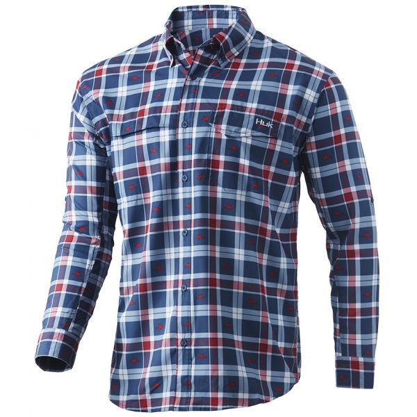 Huk Tide Point Fish Plaid Long Sleeve Shirt - Sargasso Sea - Large