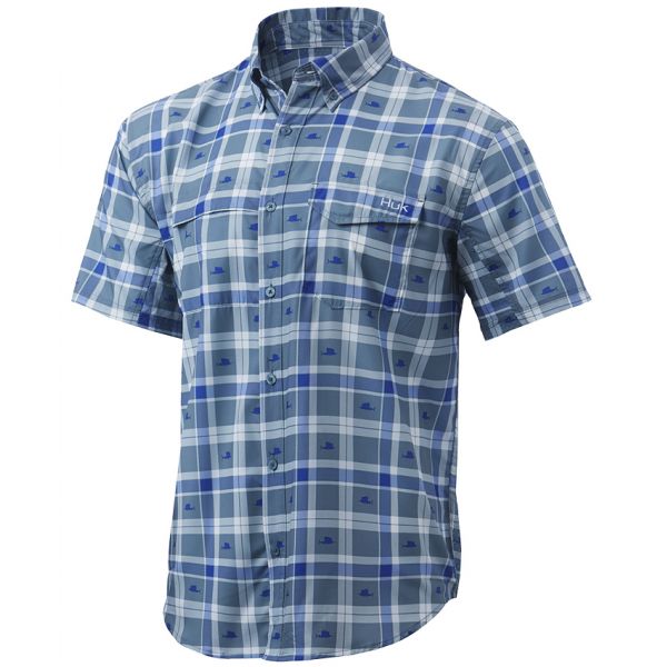 Huk Tide Point Fish Plaid Short Sleeve Shirt - Silver Blue - 3X-Large