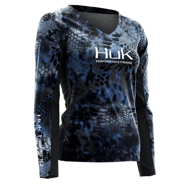 Huk Women's Kryptek Icon V-Neck Long Sleeve Shirt - Kryptek Neptune XS