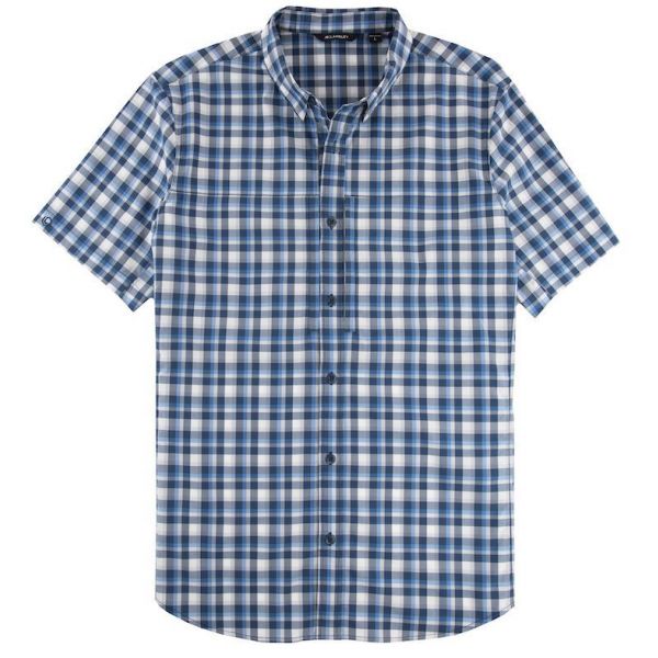 JB Langley Rockwell Short Sleeve Button Down Shirt - Navy Plaid - L