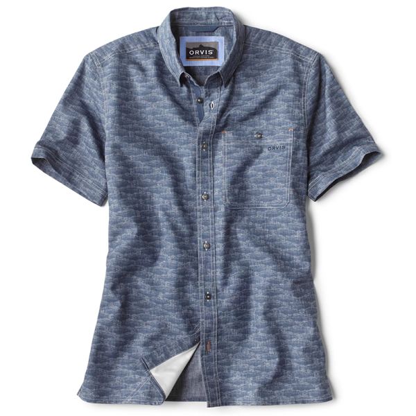 Orvis Printed Tech Chambray Short Sleeve Shirt - Blue Chambray - XX-Large