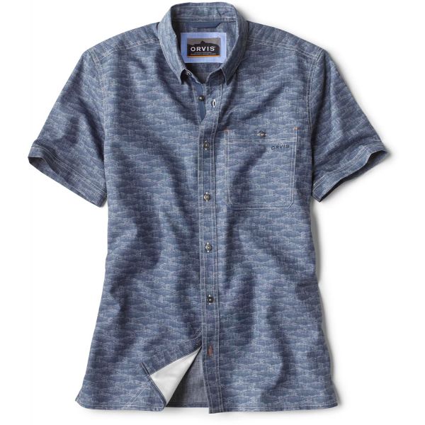 Orvis Printed Tech Chambray Short Sleeve Shirt - Blue Chambray - Large