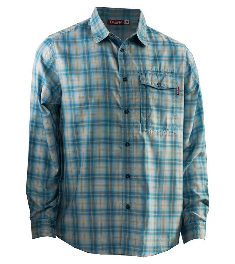 Deep Ocean Long Sleeve Plaid Shirt - Light Blue - L - TackleDirect