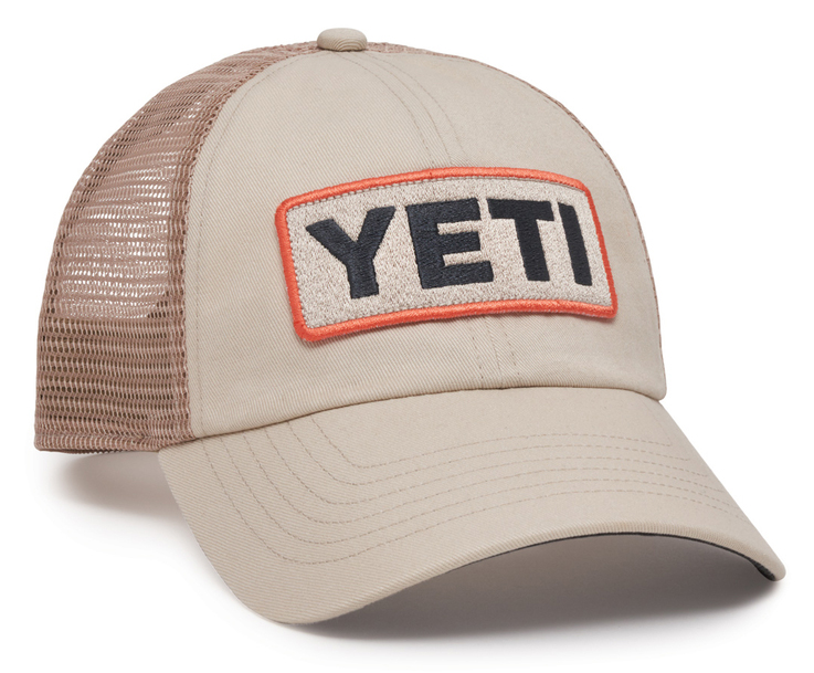 YETI Low Profile Badge Trucker Hat - Tan/Coral - TackleDirect