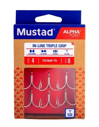 Mustad ITG76AP In-Line Triple Grip Treble Hooks - TackleDirect