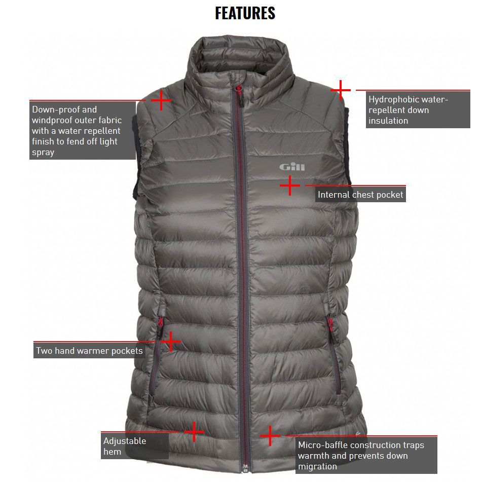 Gill Womens Hydrophobe Down Gilet Pewter Micro-baffle construction traps warmth and prevents down migration