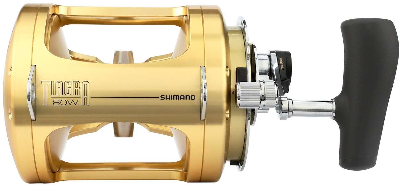 Shimano 80w reel on a new Fiblink 80-120lb bent butt rod. These 80's are  lighter than most due to their composite frame and side plates